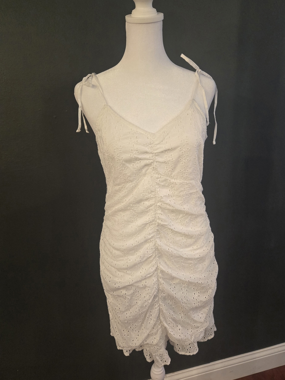 Hollister White 100% Cotton Eyelet Ruched Tie-Strap Mini Dress